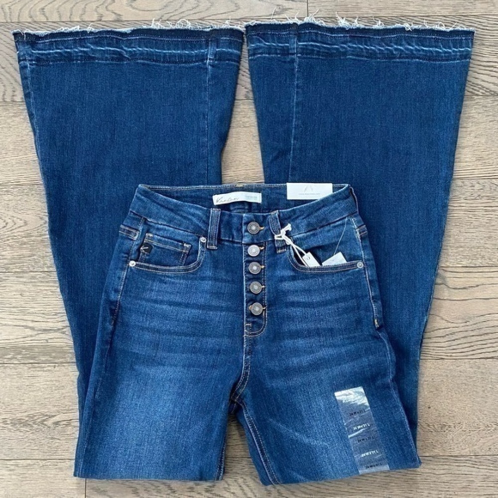 KanCan Button Fly Frayed Hem High Rise Super Flare Jeans
